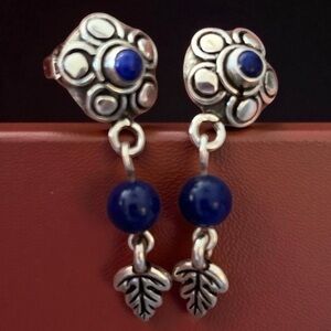 Vintage Dark Lapis Lazuli with Leaves 925 Post Dangle Earrings